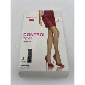 Hanes Control Top, Off Black, Size B Pantyhose, Sheer Toe, 2 Pack